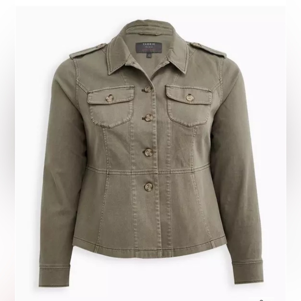 Torrid Woman Size Med Light Olive Green Twill Peplum Military Utility Jacket NWT - Picture 4 of 9